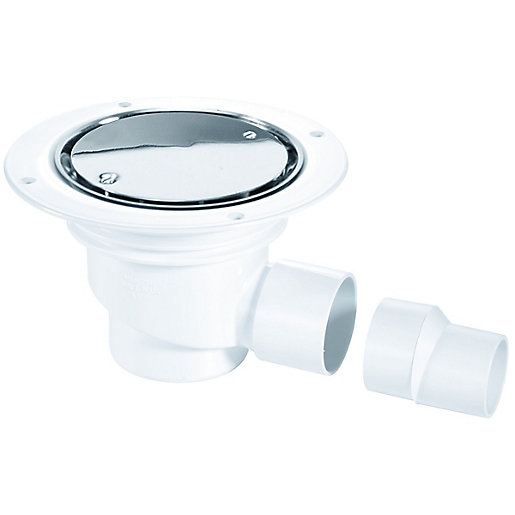 White 75mm water seal gully with a shiny chrome cover and a horizontal outlet, made of durable plastic, designed for sheet flooring applications.