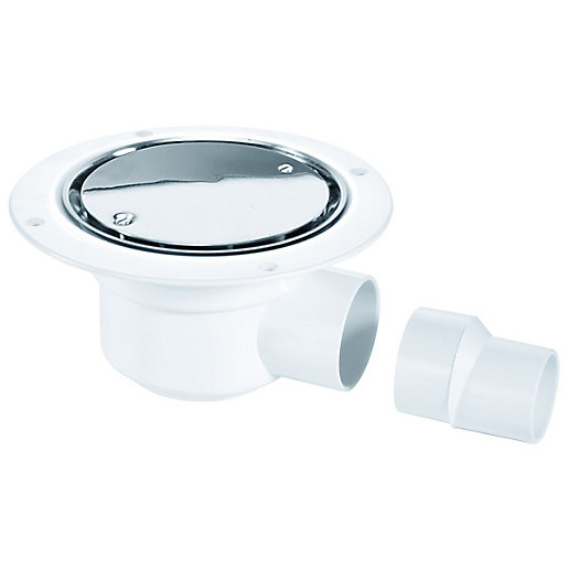 50mm white plastic water seal gully featuring a polished stainless steel plate on top and a horizontal outlet pipe attachment.