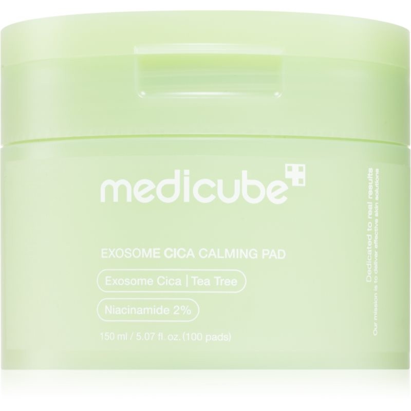 Light green cylindrical container labeled "Medicube Exosome CICA Calming Pad," featuring soothing ingredients like Exosome Cica and Tea Tree, with 100 toner pads inside.