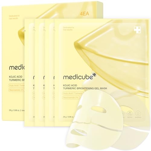 Four packs of Medicube Kojic Acid Turmeric Brightening Gel Mask, featuring a light yellow color, with each pack containing 28g of gel mask designed for skin brightening.