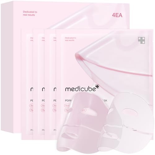 Four individually packaged pink collagen jelly gel masks by Medicube, featuring a sleek design with a subtle sheen, aimed at hydrating and firming skin for a glass glow effect.