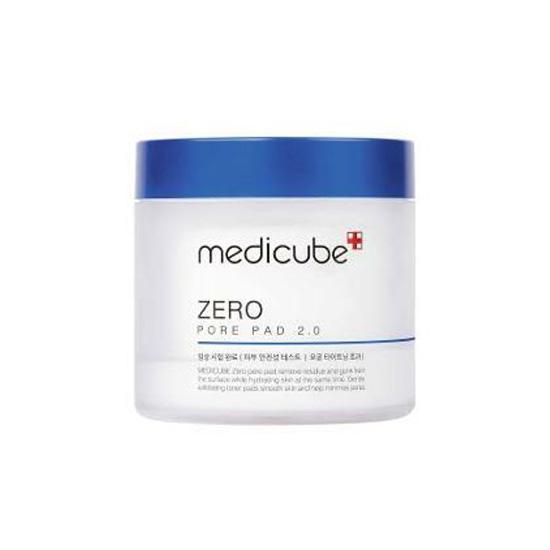White round container with a blue lid labeled "Medicube Zero Pore Pad 2.0," containing 70 pads, designed for pore care and skin cleansing.
