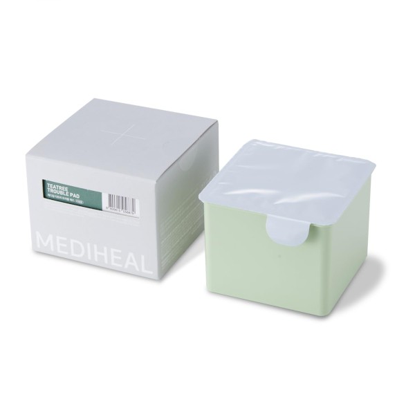 Green square container with a white lid, labeled "Mediheal Tea Tree Trouble Pad," accompanied by a white box featuring product details and a barcode.