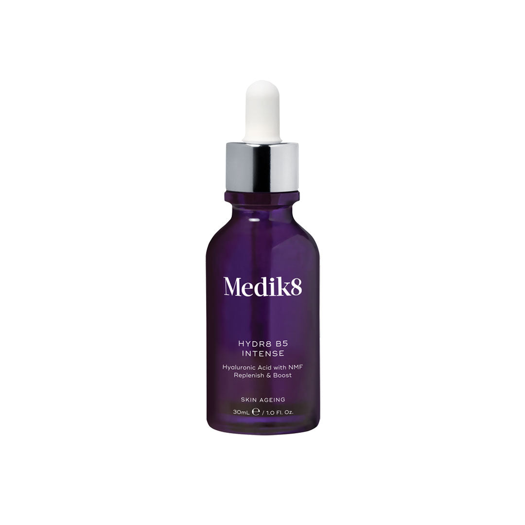 Purple glass dropper bottle with a white dropper cap, labeled "Medik8 HYDR8 B5 INTENSE," featuring key ingredients for skin hydration and anti-aging benefits.