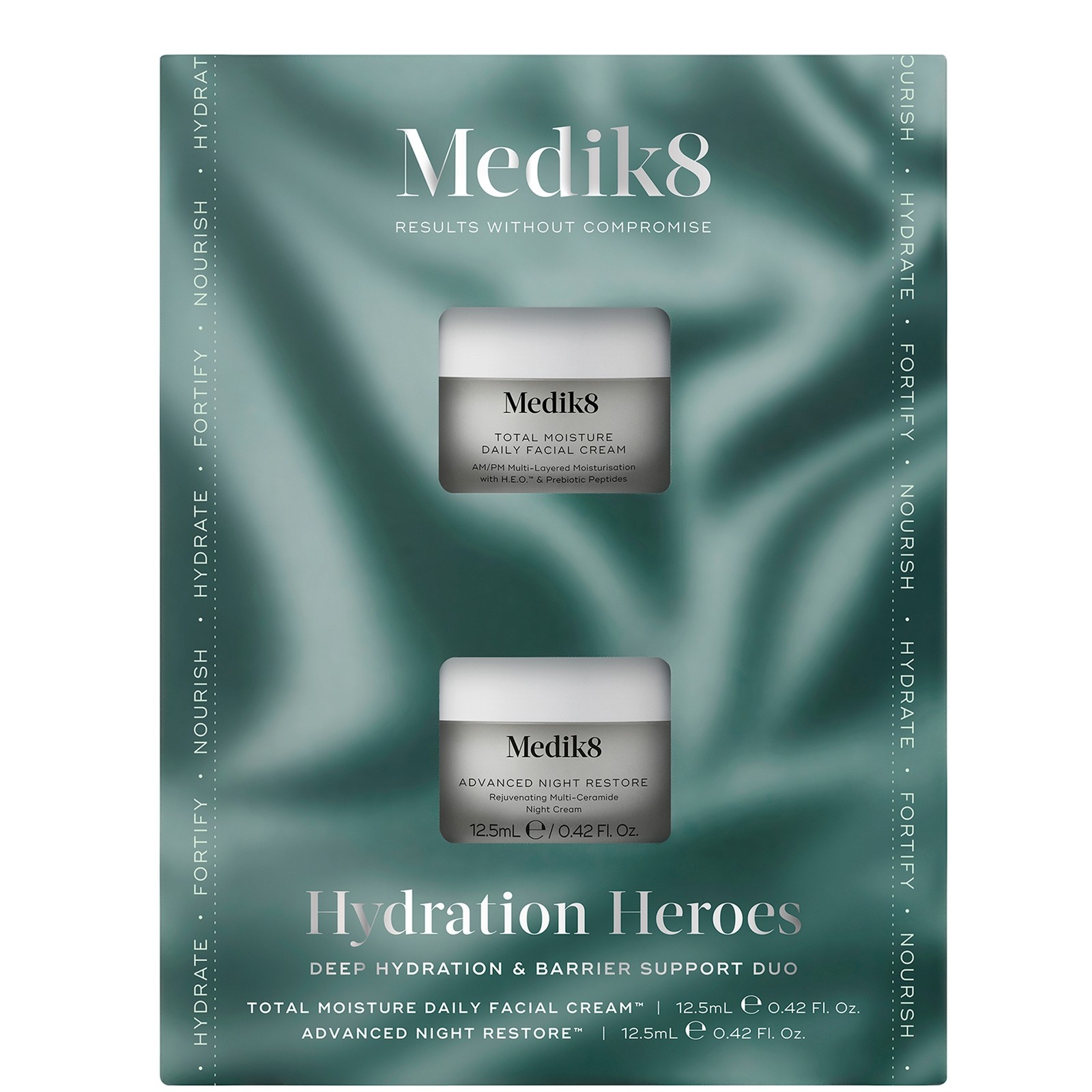 Two jars of Medik8 Hydration Heroes skincare, featuring a light green background, with silver lids and labels, showcasing "Total Moisture Daily Facial Cream" and "Advanced Night Restore."