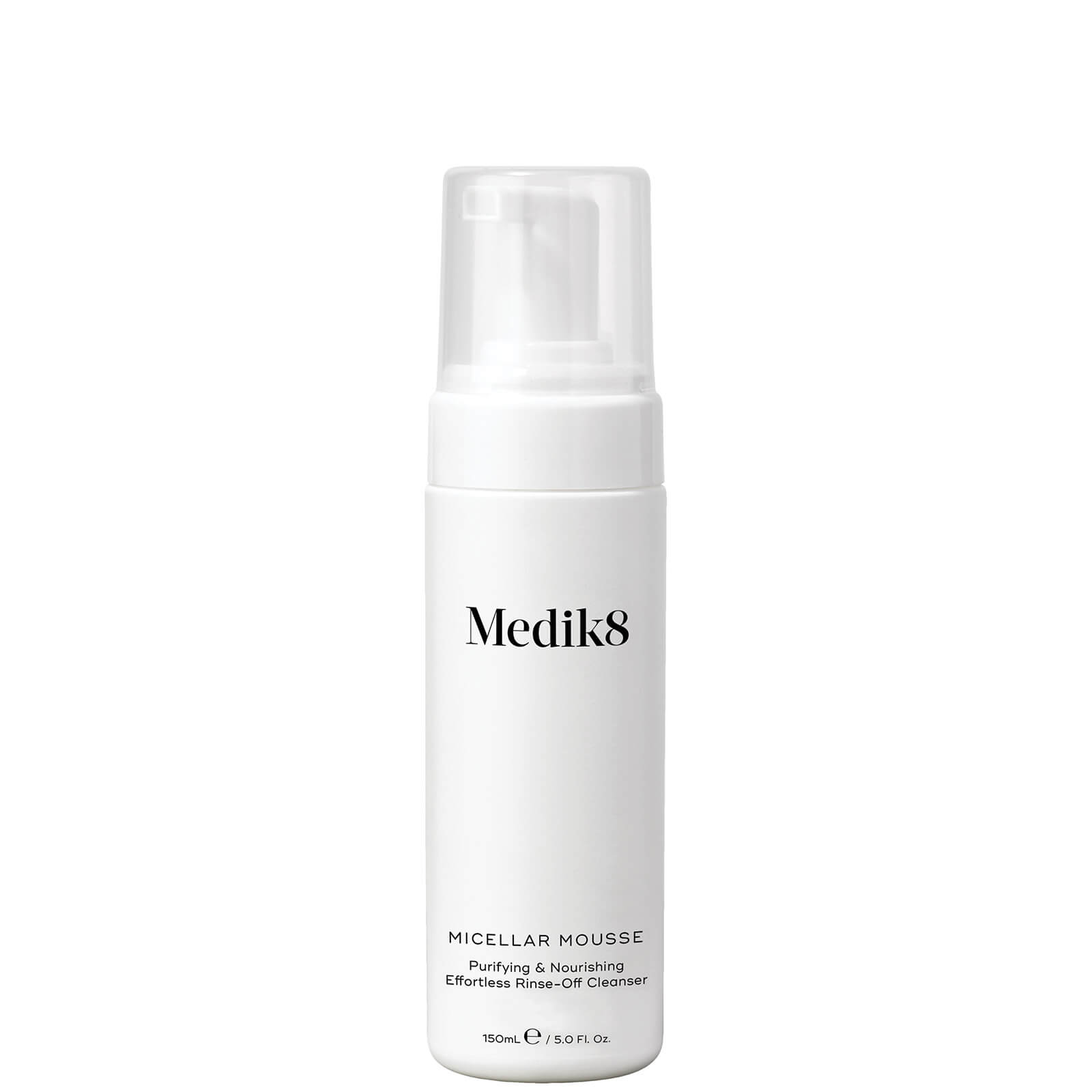 White pump bottle with a sleek design, labeled "Medik8" in black, containing 150ml of micellar mousse cleanser for purifying and nourishing skin.