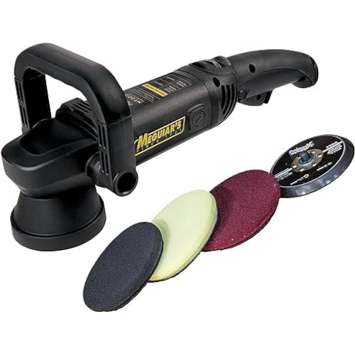 Meguiar's MT320 Dual Action Polish Machine in black with ergonomic handle, featuring three color-coded foam pads: black, green, and red, plus a polishing disc.