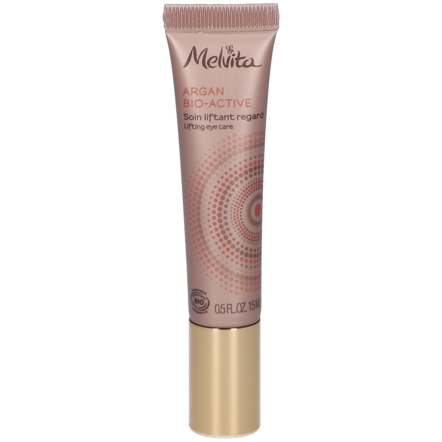 Melvita Argan Bio Active Corrective Eye Care in a 15ml tube features a metallic rose gold design with a gold cap, highlighting its organic and lifting eye care properties.