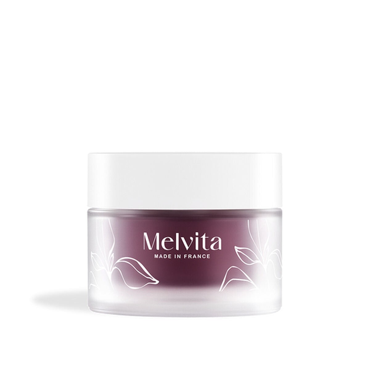 Round glass jar with a frosted finish, featuring a white lid and purple-tinted balm inside, labeled "Melvita" and "Made in France" with floral designs.