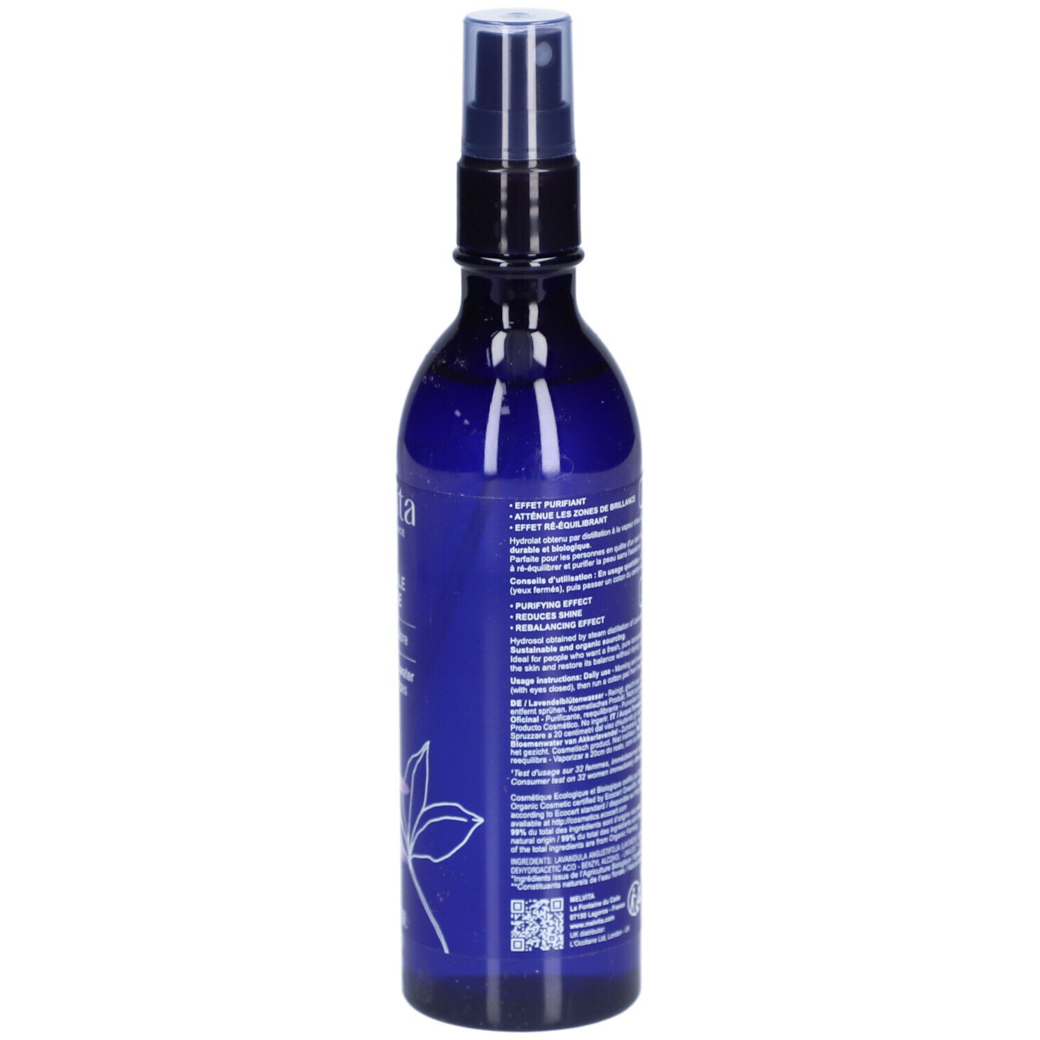 200 ml dark blue glass bottle of Melvita Lavender Floral Water with a black spray nozzle, featuring white text and a leaf illustration on the front.