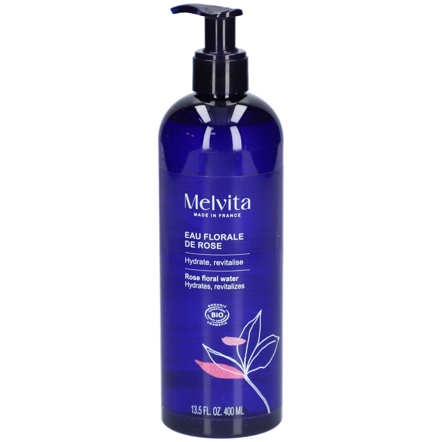 Dark blue plastic pump bottle labeled "Eau Florale De Rose" by Melvita, containing 400 ml of floral water, featuring a floral design and a black pump top.