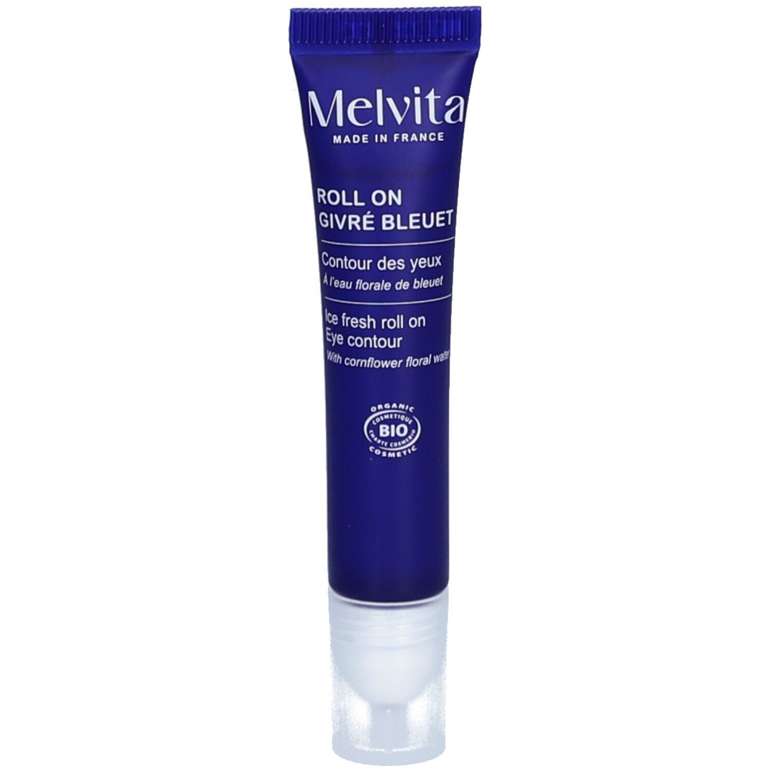 Blue tube of Melvita Ice Fresh Roll on Eye Contour Moisturizer, 0.35 oz, featuring a white applicator tip and organic certification label, with text in French.