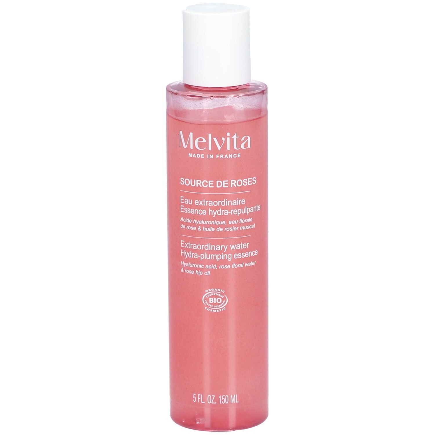 Transparent pink bottle of Melvita's 5 oz Source De Roses Extraordinary Water Hydra Plumping Essence, featuring a white label with text and a pump top.