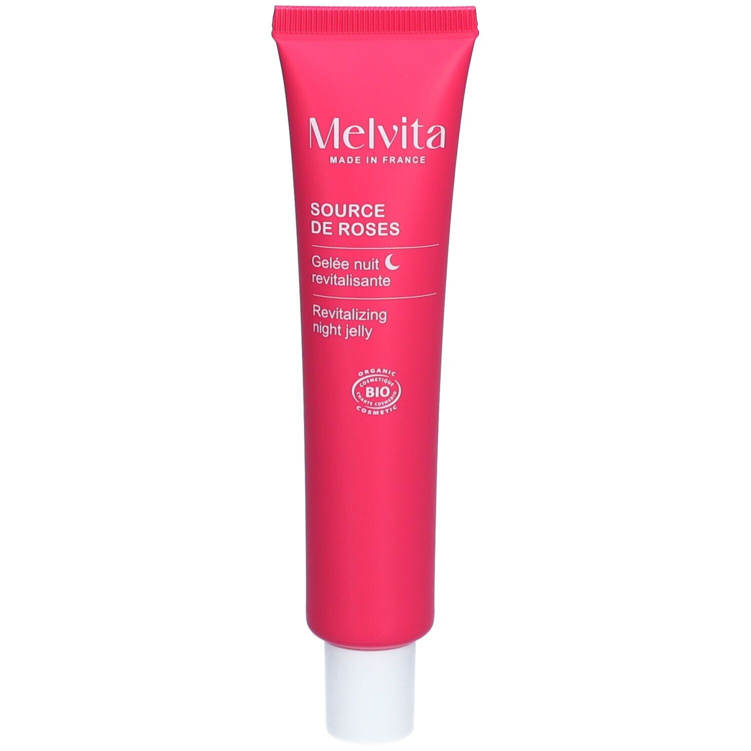 Bright pink tube of Melvita Source De Roses Revitalizing Night Jelly, 40ml, featuring white text and a BIO label, designed for nighttime skincare.