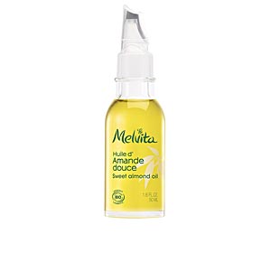 Clear glass bottle with a yellow label, featuring a pump dispenser, containing 50ml of Melvita Sweet Almond Oil, labeled as organic.
