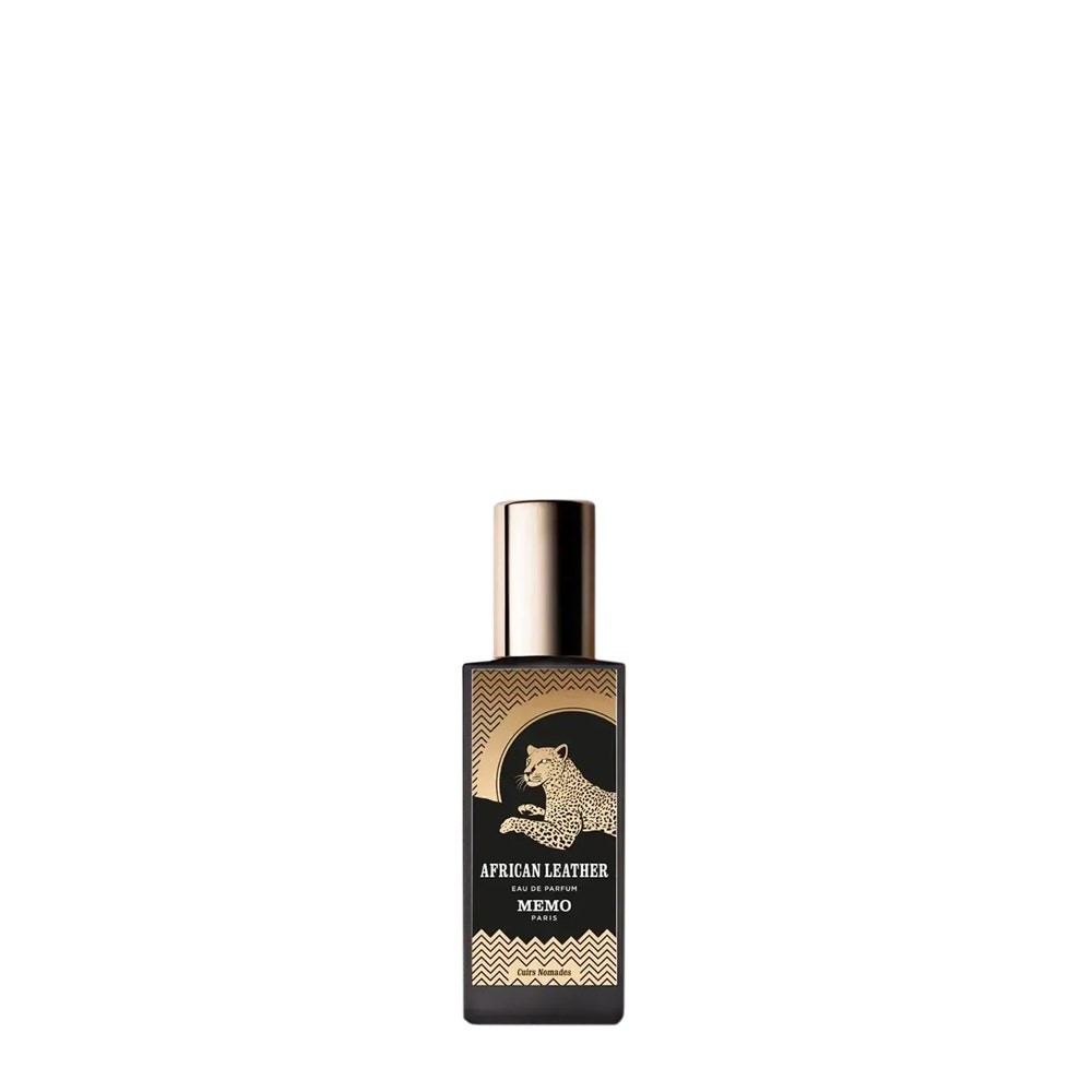 Black rectangular bottle with a gold cap, featuring a leopard graphic and wavy gold accents, labeled "African Leather" by Memo Paris, 30 ml Eau De Parfum.