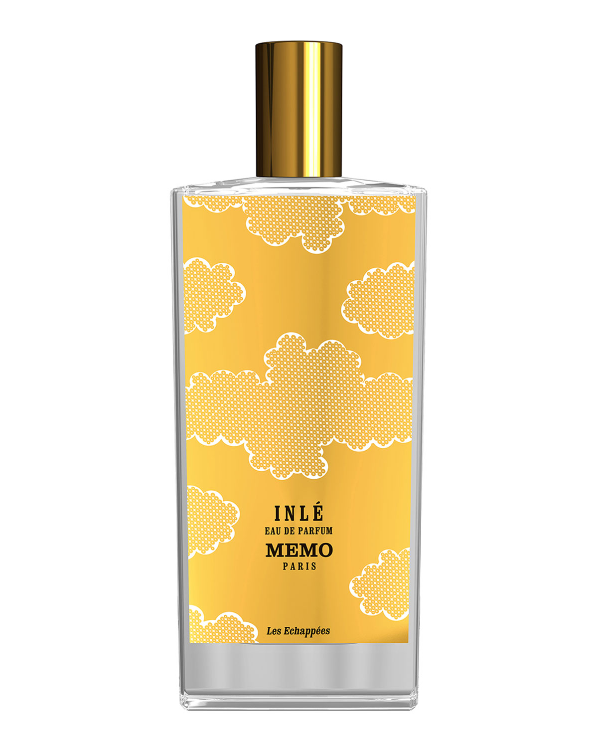 Clear glass bottle with a gold cap featuring a vibrant yellow label adorned with white cloud patterns, labeled "INLÉ EAU DE PARFUM MEMO PARIS."