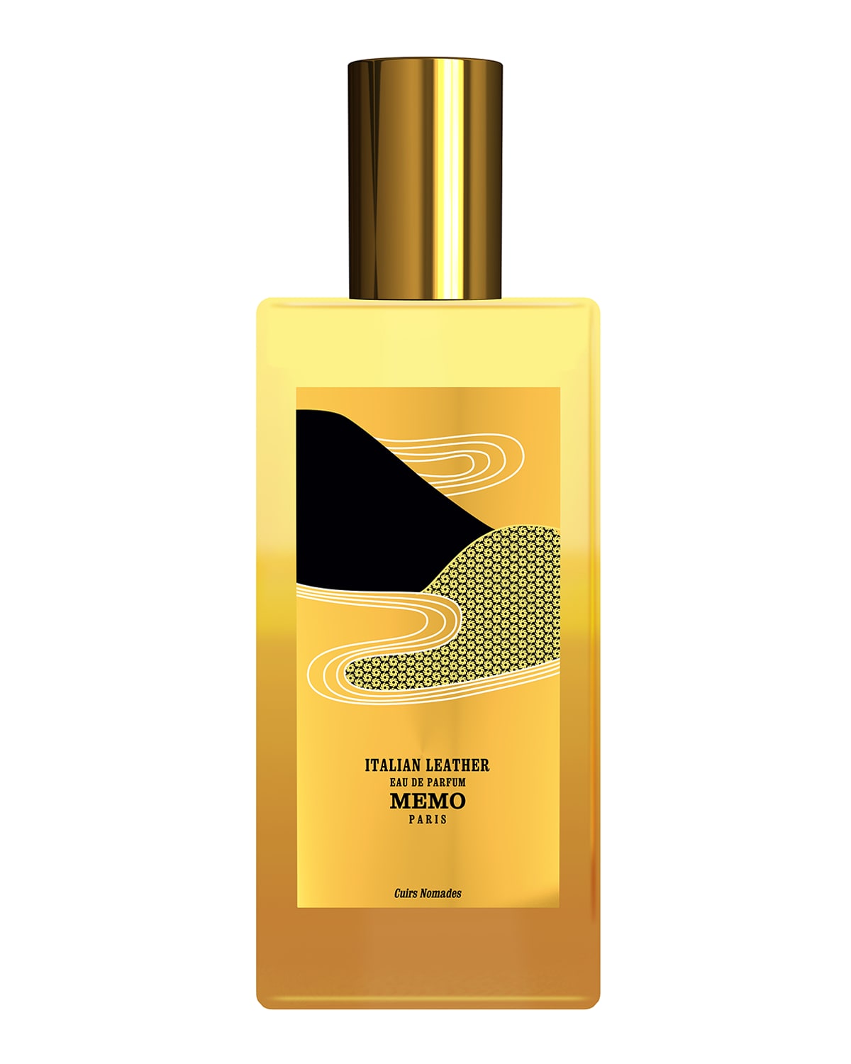 Golden bottle of Memo Paris Italian Leather Eau de Parfum, featuring a sleek design with black and yellow accents, and a gold cap, labeled for unisex use.