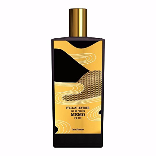Clear glass bottle of Memo Paris Italian Leather Eau De Parfum, featuring a black and yellow abstract design, topped with a gold cap, and labeled with the brand and fragrance name.