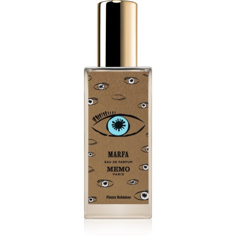 Clear glass bottle with a gold cap, featuring a brown label adorned with blue and black eye illustrations, labeled "MARFA" and "MEMO PARIS."