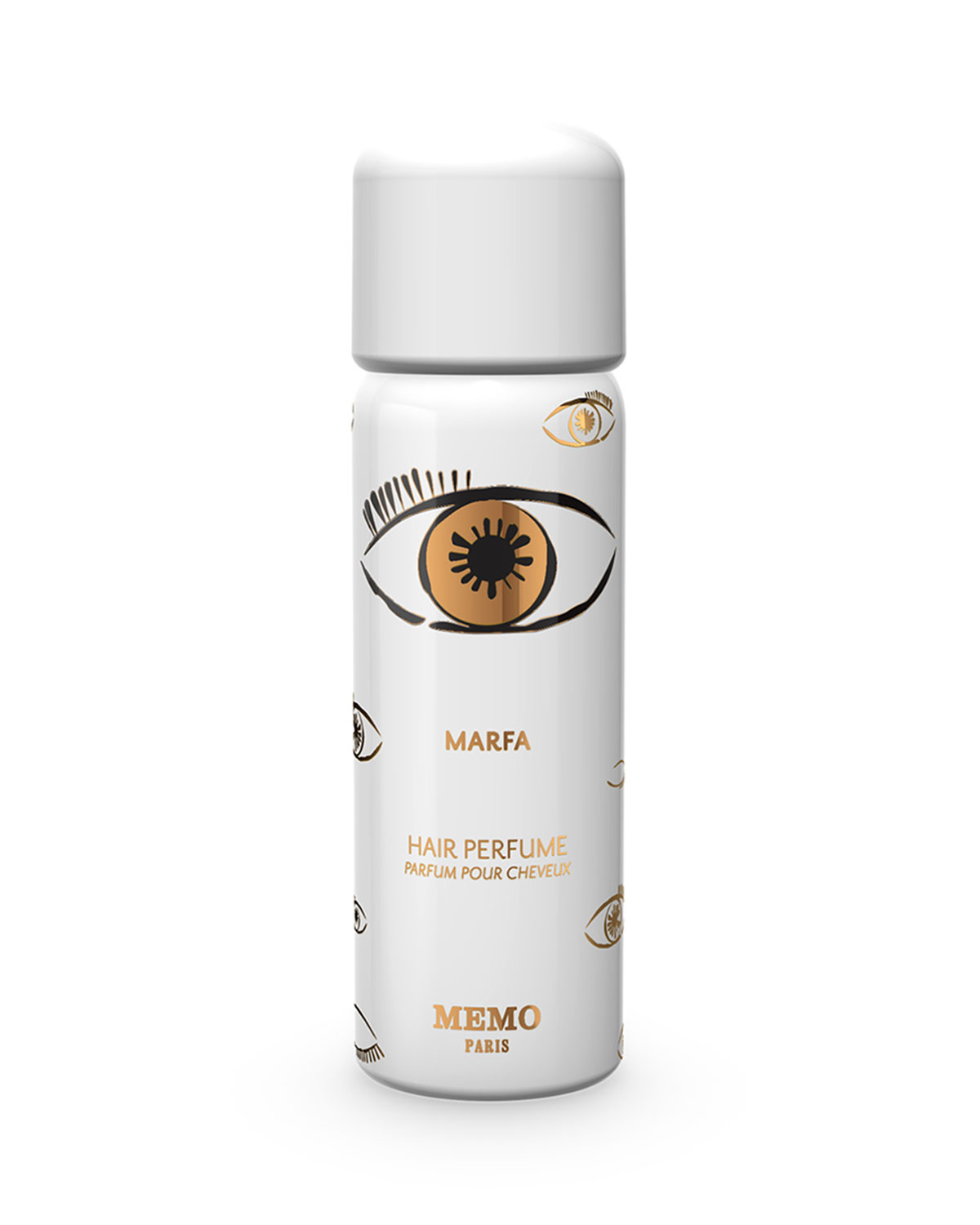 White cylindrical bottle with a gold and black eye design, labeled "MARFA" and "HAIR PERFUME," featuring a secure, rounded cap and a sleek, modern aesthetic.
