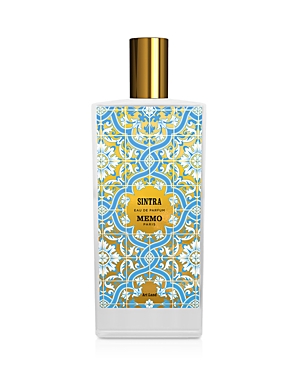 Clear glass bottle of Memo Paris Sintra Eau De Parfum with intricate blue and gold floral design, featuring a gold cap, 75ml size.