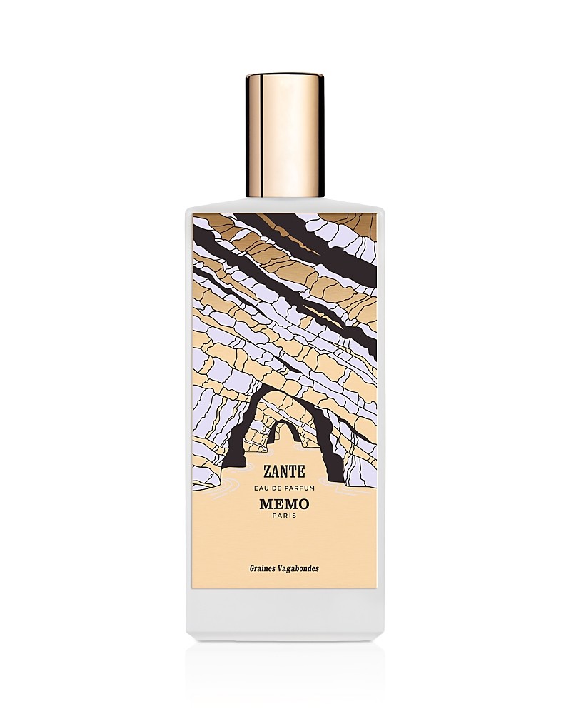 White rectangular bottle with a gold cap, featuring an artistic label in shades of beige, purple, and black, displaying "Zante" and "MEMO PARIS" prominently.