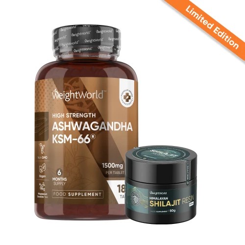 Men's Stamina & Vitality Duo featuring a brown bottle of Ashwagandha KSM-66 with a white label and a black jar of Shilajit resin, both labeled as limited edition.