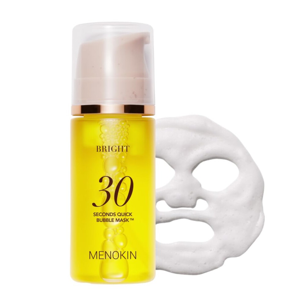 Bright yellow serum bottle with a pump top next to a white, bubbly facial mask shaped like a face, labeled "30 Seconds Bubble Serum Mask" by Menokin.