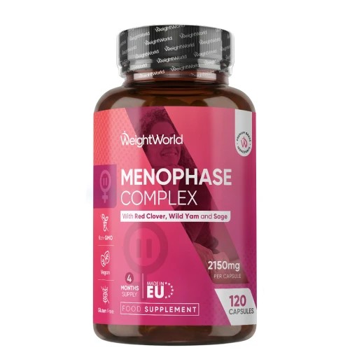 MenoPhase Complex 2150mg supplement bottle by WeightWorld, featuring a pink and purple label, contains 120 vegan capsules, with key ingredients like red clover and wild yam.