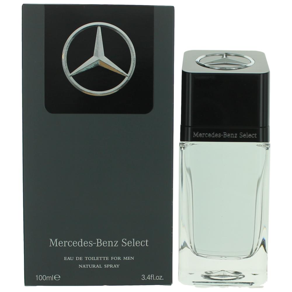 Clear glass bottle with a sleek black cap, featuring the Mercedes-Benz logo; accompanied by a black box labeled "Mercedes-Benz Select" in silver text.