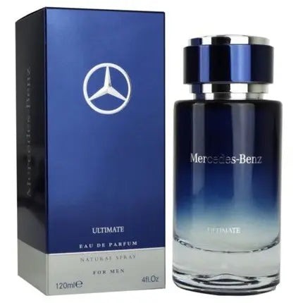 A sleek glass bottle with a gradient blue design, featuring a silver cap, alongside a matching blue box with the Mercedes-Benz logo and "Ultimate Eau De Parfum" text.