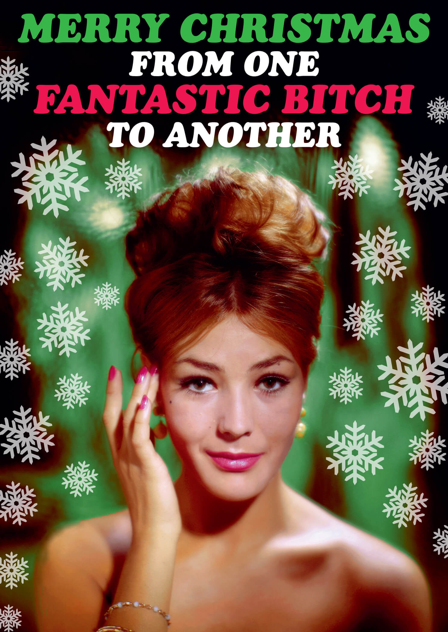 A festive card featuring a glamorous woman with a vintage hairstyle, adorned with snowflakes, and bold text reading "Merry Christmas from One Fantastic Bitch to Another."