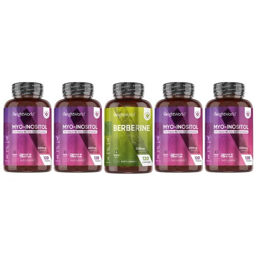 Five bottles of WeightWorld's Metabolism Support Combo, featuring purple Myo-Inositol and green Berberine labels, each with 120 capsules, showcasing a natural health focus.
