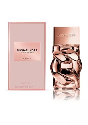 Elegant pink box with a metallic gold label, alongside a sculptural glass bottle in rose gold, featuring a unique chain design, containing 50ml of Michael Kors Pour Femme Absolu Eau De Parfum.