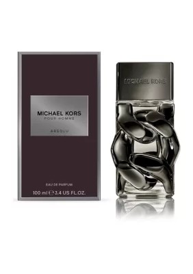 Black and silver rectangular box with "Michael Kors Pour Homme Absolu" text, alongside a sleek, dark glass bottle featuring a unique chain design and a silver cap.
