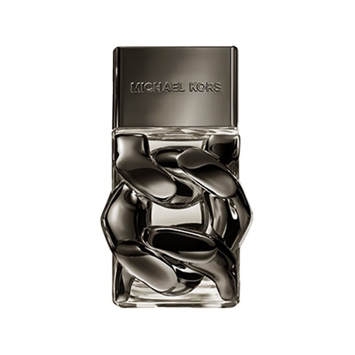 Clear glass bottle with a sleek design, featuring a dark chain motif around the neck and a metallic silver cap, labeled "MICHAEL KORS" on the front.