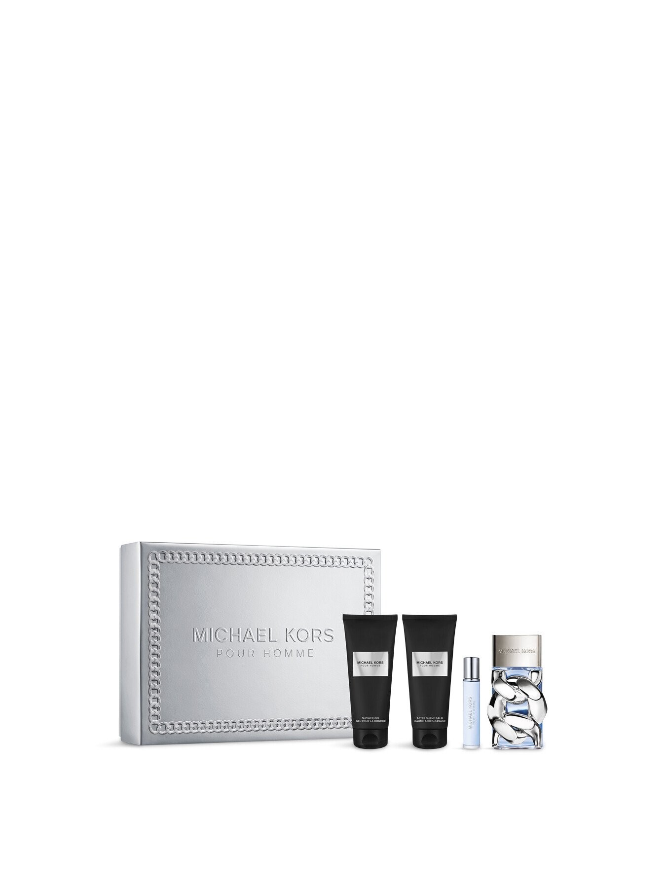 Silver gift box featuring "Michael Kors Pour Homme" branding, containing a 100ml EDP, 100ml shower gel, 100ml aftershave balm, and a 10ml EDP in elegant packaging.