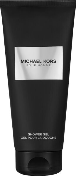 Black tube featuring "MICHAEL KORS POUR HOMME" in white text, with a sleek design and a silver label, containing 200 ml of men's shower gel.