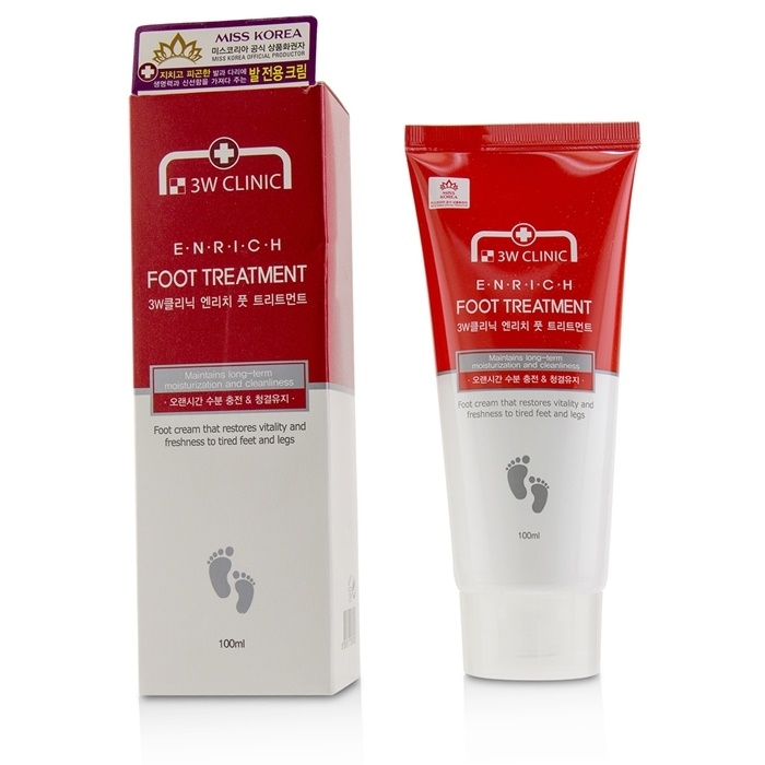 Red and white tube of 3W Clinic Enrich Foot Treatment, 100ml, alongside a matching red and white box, featuring Korean text and a sleek, modern design.