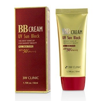 Gold and red packaging featuring "3W Clinic UV Sun Block BB Cream SPF50 PA+++" in bold text, with a sleek tube design and a capacity of 50ml.
