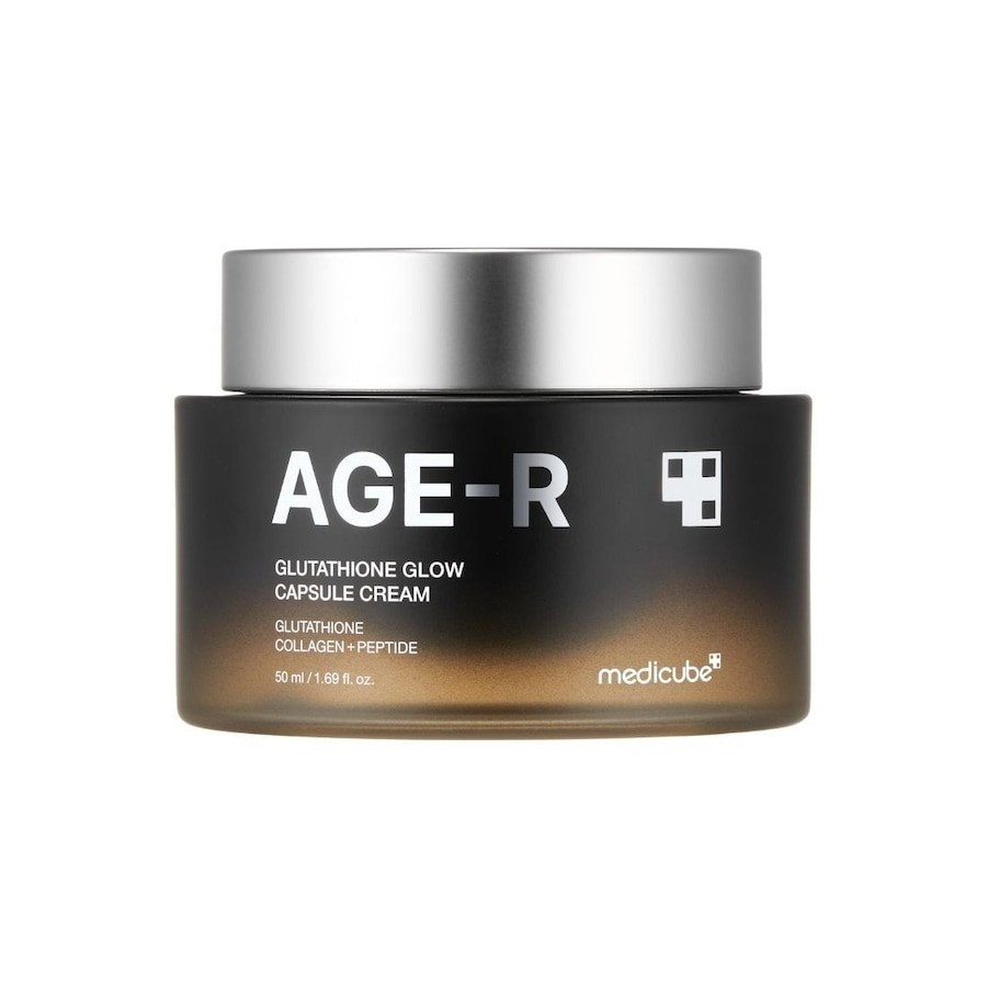 Black and gold jar of Medicube Age-R Glutathione Glow Capsule Cream, featuring a sleek design with silver lid, labeled for intensive anti-wrinkle and hydration benefits, 50 ml.