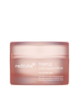 Pink jar of Medicube Triple Collagen Cream, labeled for all skin types, featuring a smooth, glossy finish and a secure lid, designed for lifting and firming skin.