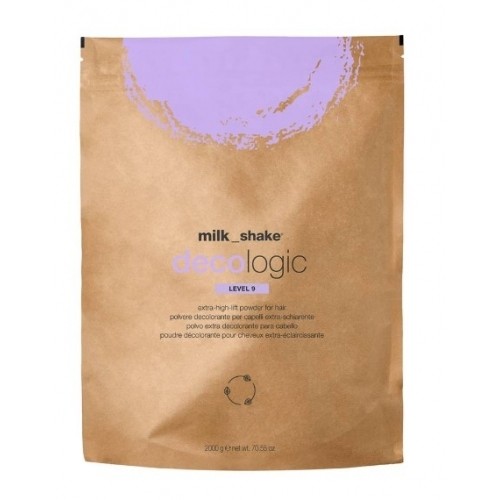 Brown paper bag with a purple circular design, labeled "milk_shake Decologic Lightening Powder - Level 9," containing 2000g of extra-high lift powder for hair.