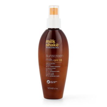 Brown plastic spray bottle with a white pump top, labeled "milk_shake Sun & More Sunscreen Milk SPF30," featuring a sleek design and 140ml capacity.