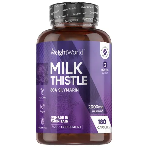 WeightWorld Milk Thistle capsules in a dark brown bottle, featuring a purple label with white text, indicating 180 vegan capsules for liver support and 80% silymarin content.