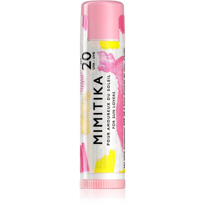 Mimitika Protective Lip Stick SPF 20 in a colorful tube featuring pink, yellow, and white designs, with clear labeling of SPF 20 and UV protection.