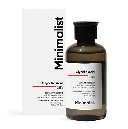 Clear glass bottle with a black cap, labeled "Glycolic Acid 08%" and "Exfoliating Liquid," alongside a white box featuring minimalist design, both from the brand Minimalist.