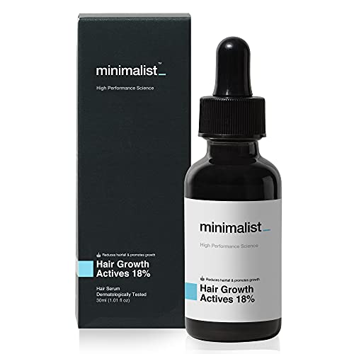 Black dropper bottle with a white label, featuring "Minimalist" branding and "Hair Growth Actives 18%" text, alongside a sleek black box packaging.