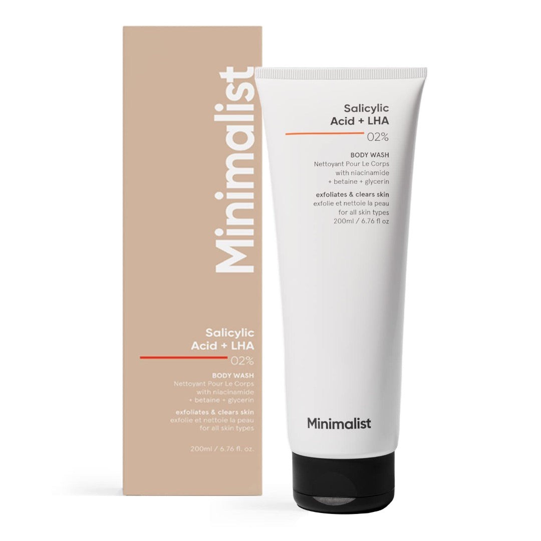 White tube of Minimalist Salicylic Acid + LHA 2% Body Wash with a beige box, featuring minimalist branding and key benefits listed on both packaging.